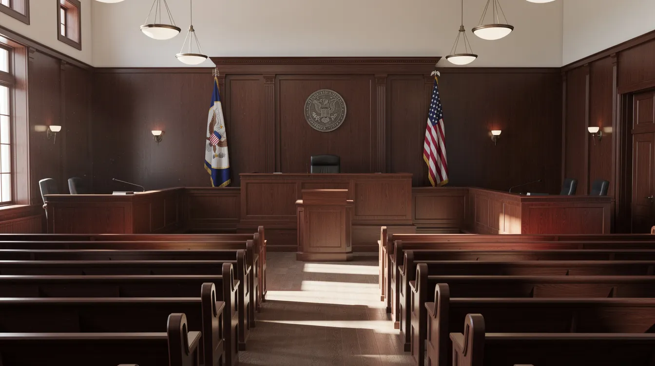 Lawyers for Automobile Accidents: How the Right Attorney Can Transform Your Car Accident Claim 4 The image depicts an empty courtroom featuring wooden benches and an American flag, symbolizing the legal environment where car accident claims and personal injury lawsuits are processed. This serene setting highlights the importance of legal professionals in navigating cases involving car accident injuries and seeking fair compensation for victims.