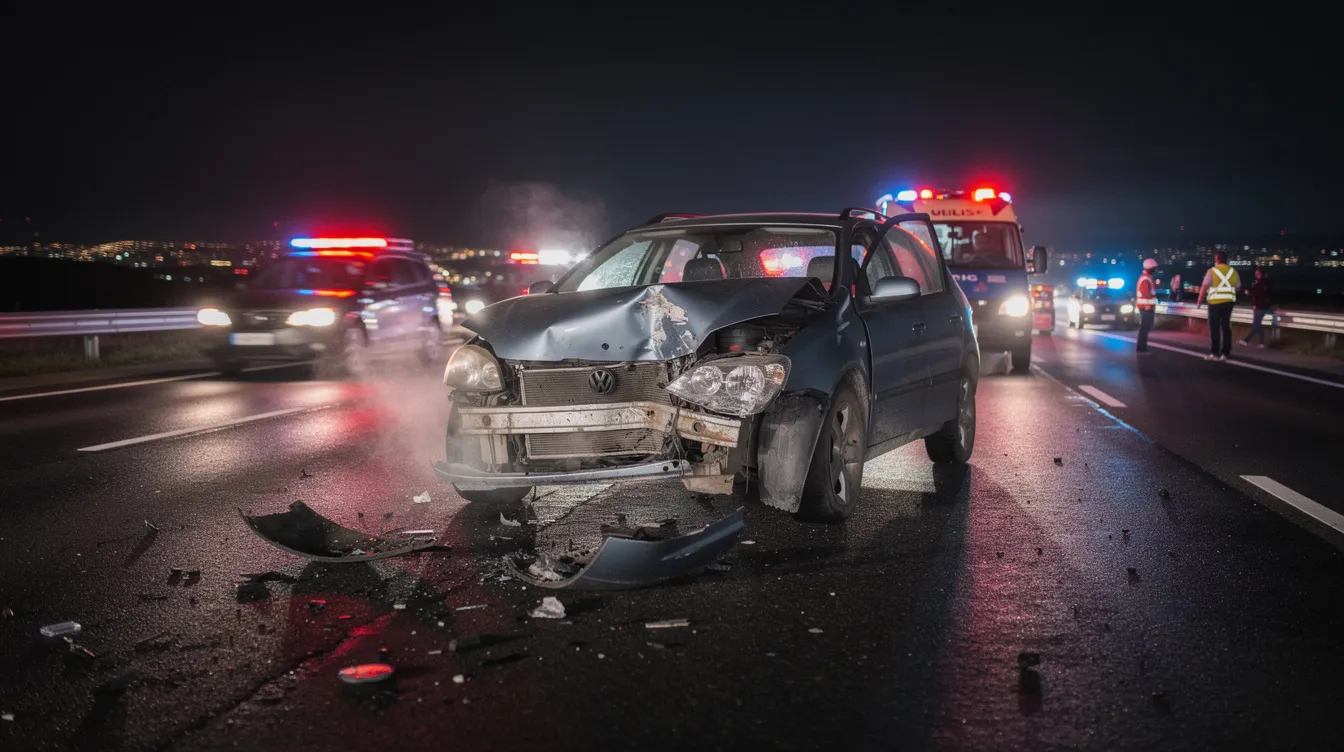 Car Accident Lawyers in Houston: Protect Your Injury Claim 1 The image shows a damaged car on a highway surrounded by emergency vehicles with flashing lights, indicating a serious car accident. This scene highlights the importance of legal representation for accident victims seeking compensation for injuries and damages through personal injury claims.