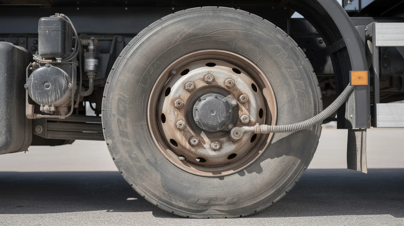 Hit By a Semi Truck: What To Do Next, Who May Be Liable, and How to Protect Your Claim 3 The image shows a close-up view of a large semi truck wheel and brake system, highlighting the intricate details of the commercial vehicle's components. This close perspective emphasizes the importance of proper maintenance and safety regulations in the trucking industry to prevent serious truck accidents.