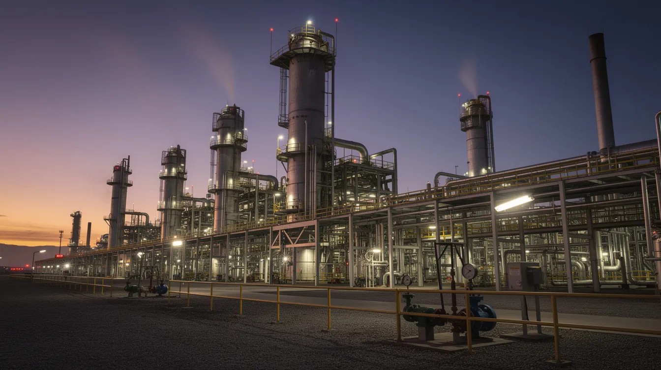 The image depicts an industrial refinery at dusk, showcasing large metal towers and an intricate network of piping structures against a darkening sky. This setting highlights the potential for workplace injuries, emphasizing the importance of workers compensation coverage and the need for injured workers to receive medical treatment and benefits.