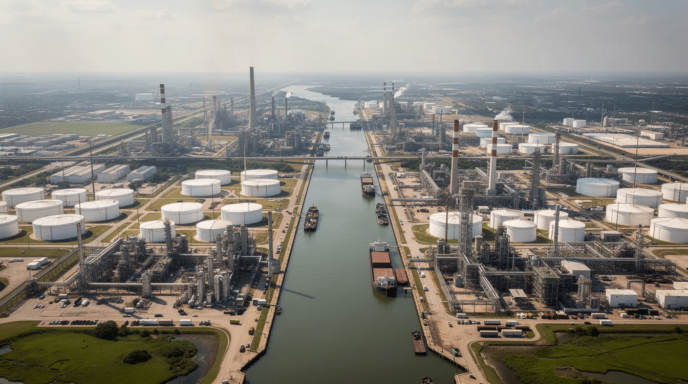 Top Reasons To Get A Houston Burn Injury Lawyer 1 An aerial view captures the industrial area of Houston, showcasing numerous refineries and large storage tanks situated along a waterway. This scene highlights the complex environment where serious burn injuries can occur, emphasizing the importance of experienced burn injury attorneys for victims seeking compensation for their medical expenses and recovery.