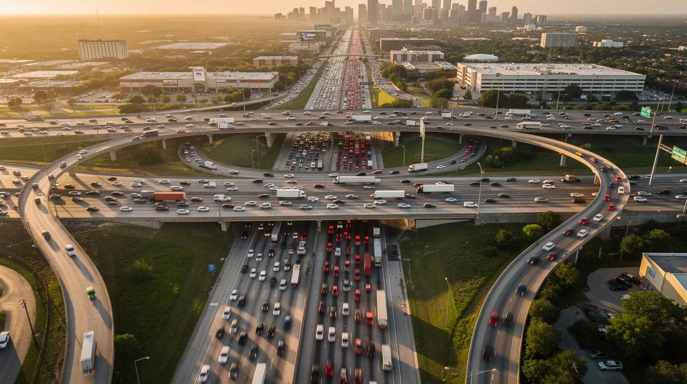 An aerial view of a busy Houston freeway interchange during rush hour shows numerous cars and trucks caught in traffic, highlighting the potential for car accidents in this congested area. This scene underscores the importance of having a skilled Houston car accident attorney for those affected by personal injury cases or seeking to recover compensation from insurance companies.