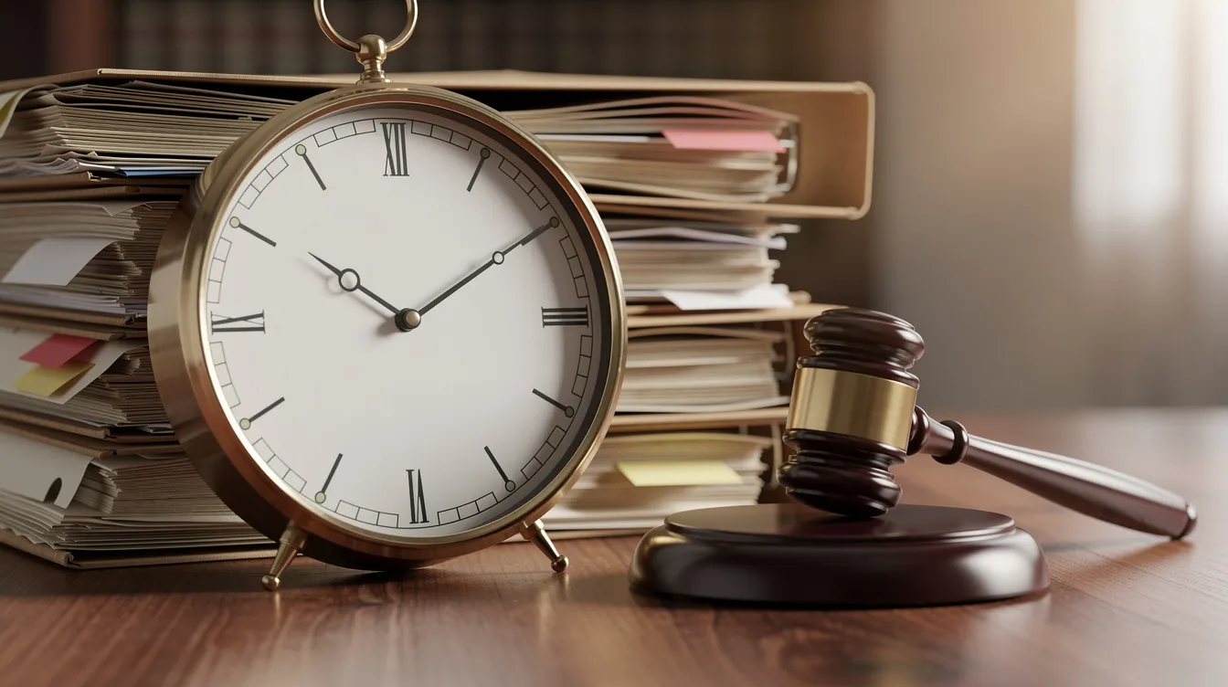 Car Accident Lawyers in Houston: Protect Your Injury Claim 4 The image features a clock positioned next to a stack of legal folders and a gavel on a wooden desk, symbolizing the urgency and importance of timely legal representation in personal injury cases. This setup reflects the legal process involved in seeking compensation for accident victims and the role of experienced trial lawyers in navigating personal injury lawsuits.