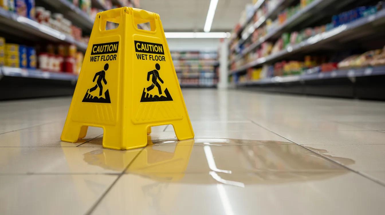 The image shows a wet floor warning sign placed next to a puddle on a tile floor in a grocery store aisle, highlighting a potential hazard that could lead to personal injury claims if someone slips and falls. This scenario emphasizes the importance of premises liability and the need for property owners to maintain safe environments to prevent accidents.