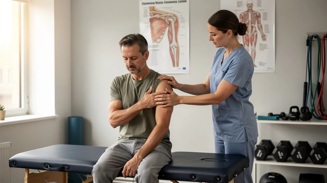 Injury Lawyers in Dallas: How to Choose the Right Dallas Personal Injury Attorney 4 The image shows a person undergoing physical therapy for their shoulder in a clinical setting, with a therapist assisting them in exercises aimed at recovery. This scene highlights the importance of medical treatment for injury victims, particularly those involved in personal injury cases in Dallas, where experienced personal injury attorneys can help secure fair compensation for medical bills and lost wages.