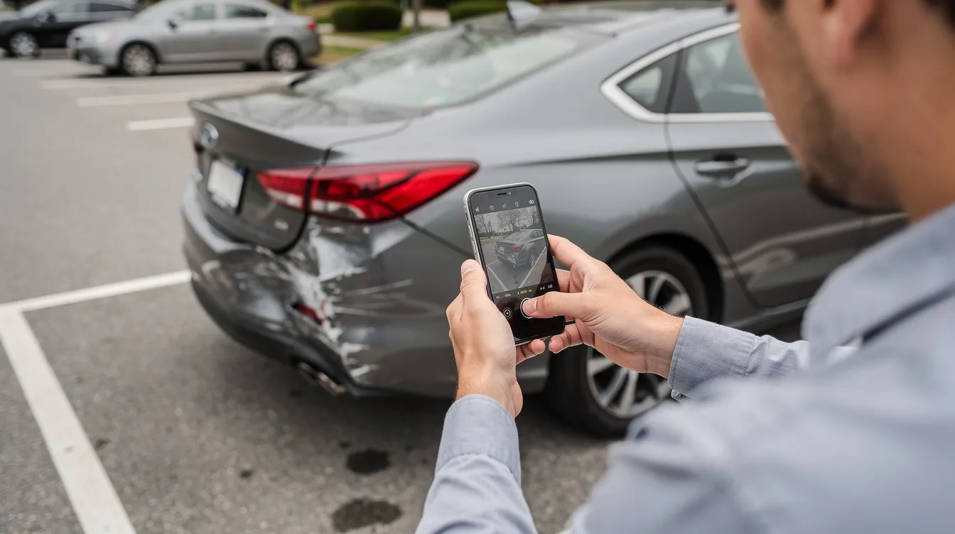 Lawyers for Automobile Accidents: How the Right Attorney Can Transform Your Car Accident Claim 2 The image shows a person standing in a parking lot, using a smartphone to capture photos of rear-end vehicle damage, likely for a car accident claim. This scene emphasizes the importance of documenting details after a motor vehicle accident to support personal injury claims and insurance coverage.