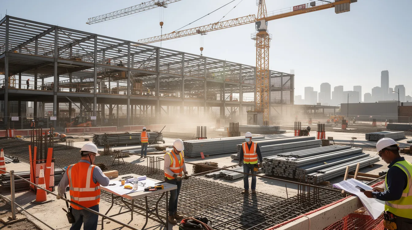 The image shows construction workers actively engaged on a large commercial building site, surrounded by towering cranes and steel beams. This bustling environment highlights the potential for workplace injuries, emphasizing the importance of workers compensation benefits for injured employees in Houston.