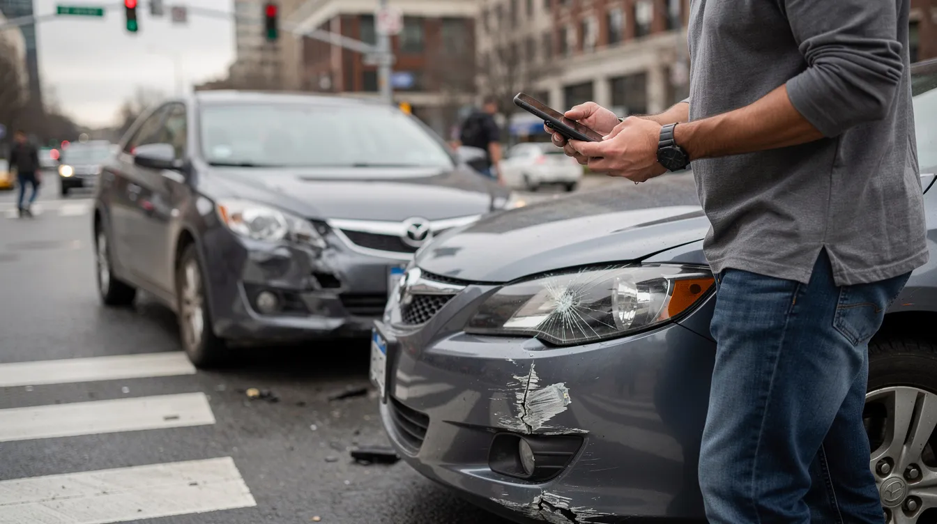 Attorney for Personal Injuries: How to Choose the Right Lawyer and Maximize Your Injury Claim 4 The image shows a person standing at an intersection, using their smartphone to photograph damage on a car, likely after a car accident. This moment captures the collection of evidence that may be crucial for a personal injury claim or to establish liability in the event of serious injury or property damage.