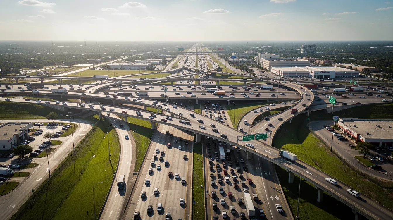The image depicts a complex Houston freeway interchange featuring multiple levels of roads filled with heavy vehicle traffic, illustrating the busy nature of motor vehicle accidents in the area. This scene highlights the potential for serious injuries and car accidents, emphasizing the need for experienced Houston car accident attorneys to assist victims with their legal claims and medical expenses.