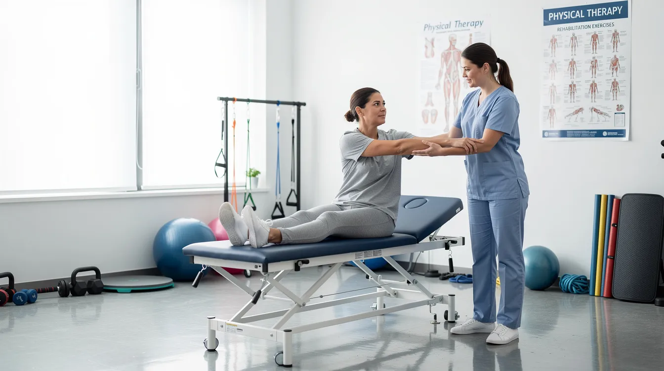Hit By a Semi Truck: What To Do Next, Who May Be Liable, and How to Protect Your Claim 4 A person is undergoing physical therapy and rehabilitation in a medical clinic, receiving assistance from a therapist to regain strength and mobility after experiencing serious injuries, possibly from a truck accident. The setting includes rehabilitation equipment and a supportive environment aimed at helping accident victims recover.