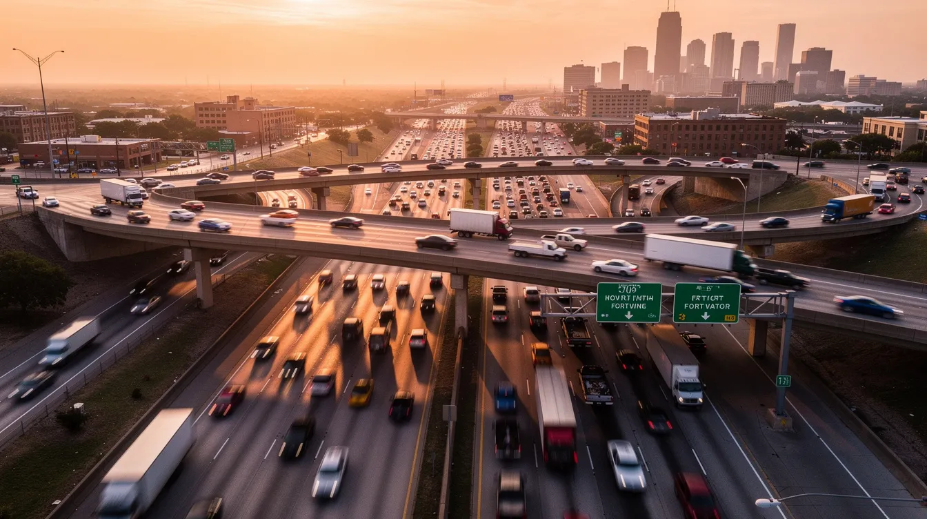 The image depicts a busy highway interchange in Fort Worth, Texas, bustling with heavy traffic during the golden hour, as the sun casts a warm glow over the scene. This vibrant setting highlights the potential for car accidents, emphasizing the importance of having experienced personal injury attorneys to assist accident victims in navigating their legal claims and seeking fair compensation.