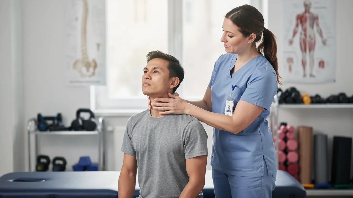 The image depicts a person receiving physical therapy for their neck and shoulders in a medical facility, highlighting the importance of medical treatment after a car accident. This therapy is essential for recovery, especially when dealing with medical expenses and seeking fair compensation in a personal injury case.