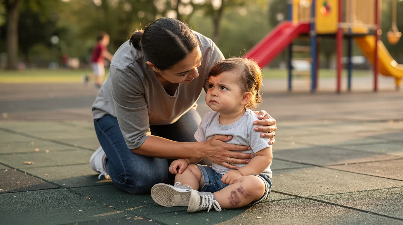 A parent is gently comforting their toddler, who is sitting on the playground floor, displaying emotional symptoms of distress. The tender moment emphasizes the importance of support during traumatic events, which can lead to various physical and emotional challenges in children, including mild head injuries or other neurological disorders.