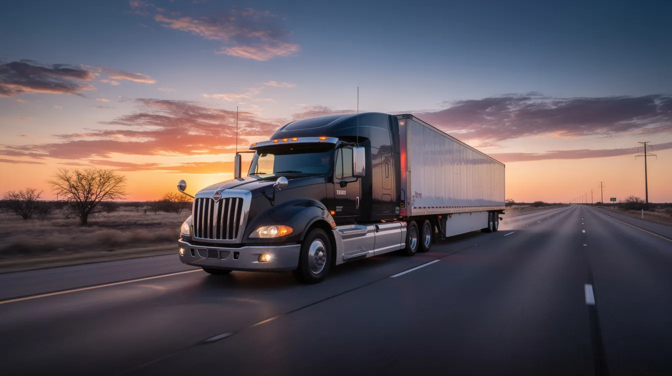A large commercial semi-truck is driving along a wide Texas highway at dusk, with the sky painted in hues of orange and purple. This scene highlights the potential for truck accidents, which can lead to serious injuries and personal injury claims for victims in Fort Worth.