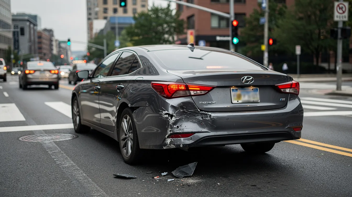 The image depicts a car stopped at a traffic intersection, showing noticeable rear bumper damage from a collision. This scene highlights the aftermath of a car accident, which can lead to the need for legal representation from experienced car accident attorneys to seek fair compensation for property damage and medical expenses.