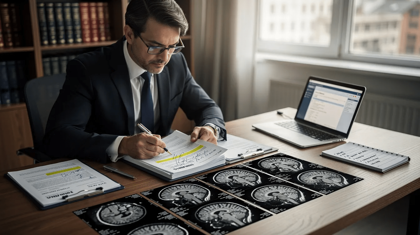 A legal professional is seated at a desk, carefully reviewing medical documents alongside brain scan images, likely related to cases of post concussion syndrome or traumatic brain injuries. The scene conveys a focus on the complexities of personal injury claims, emphasizing the importance of medical evidence in pursuing fair compensation for injuries sustained in accidents.