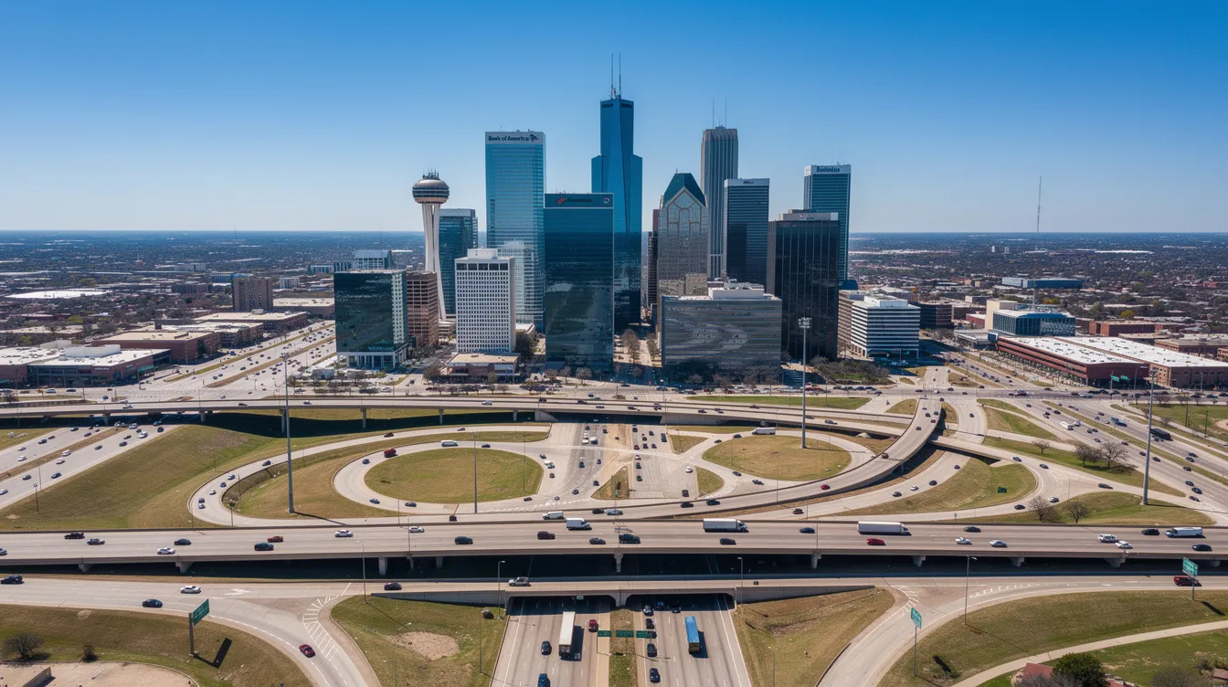 Injury Lawyers in Dallas: How to Choose the Right Dallas Personal Injury Attorney 1 The image captures the Dallas skyline during the day, showcasing the city's modern architecture against a bright blue sky, with major highways bustling with traffic below. This vibrant urban scene reflects the dynamic atmosphere of Dallas, Texas, where personal injury attorneys work diligently to assist accident victims in navigating their legal options for fair compensation.