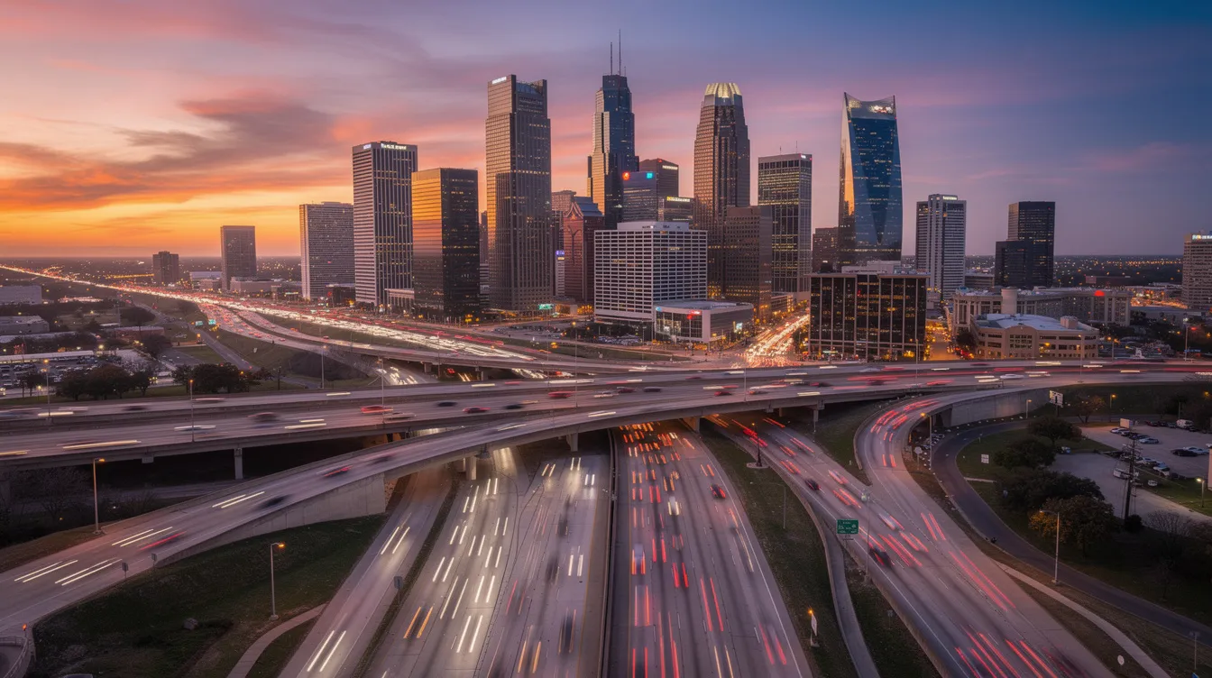 The image showcases the Houston, Texas skyline illuminated by the warm colors of a sunset, with busy highways visible in the foreground, hinting at the bustling life and movement of the city. This vibrant scene reflects the urban landscape where personal injury attorneys work diligently to support injury victims in navigating their legal claims.