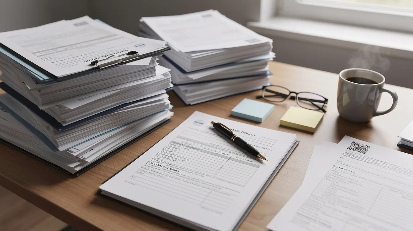 Automotive Accident Attorney: How a Car Accident Lawyer Protects Your Rights and Maximizes Compensation 3 The image depicts a cluttered office desk filled with stacked paperwork and insurance documents, likely related to car accident claims. This paperwork may include medical records, accident reports, and correspondence with insurance companies, reflecting the complexities faced by car accident victims seeking compensation.