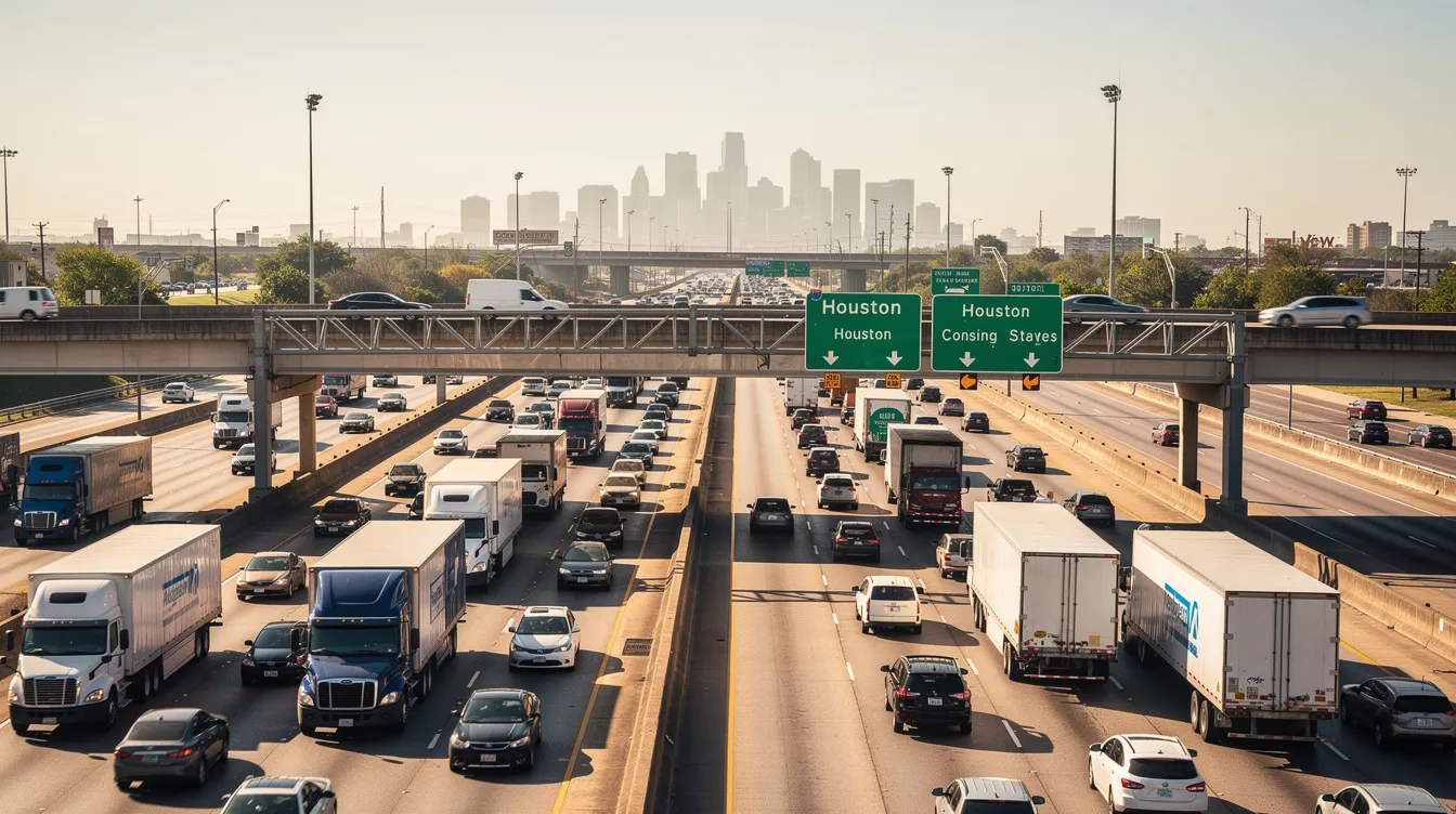 Personal Injury Law Firm in Houston: How to Choose the Right Lawyer and Protect Your Claim 1 The image depicts a busy Houston highway filled with multiple lanes of traffic, including commercial trucks, during the daytime. This scene reflects the bustling nature of Houston's roads, where personal injury accidents, such as truck accidents and car accidents, can occur, highlighting the importance of having an experienced personal injury attorney for accident victims seeking fair compensation.