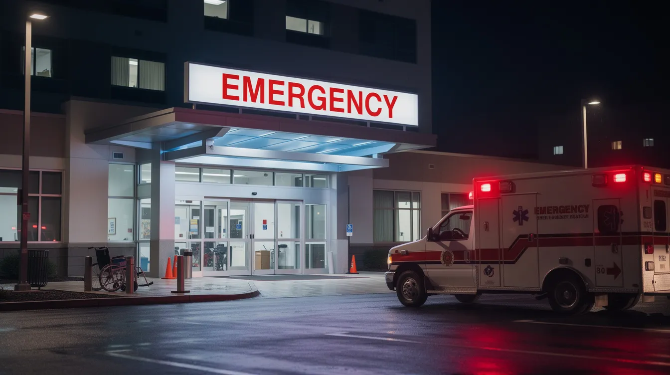 The image depicts the entrance of an emergency room at a hospital at night, illuminated by bright lights, with an ambulance parked outside, ready to provide immediate medical care for traumatic brain injuries or other medical emergencies. The scene conveys a sense of urgency and the importance of prompt attention for head injuries and related symptoms.