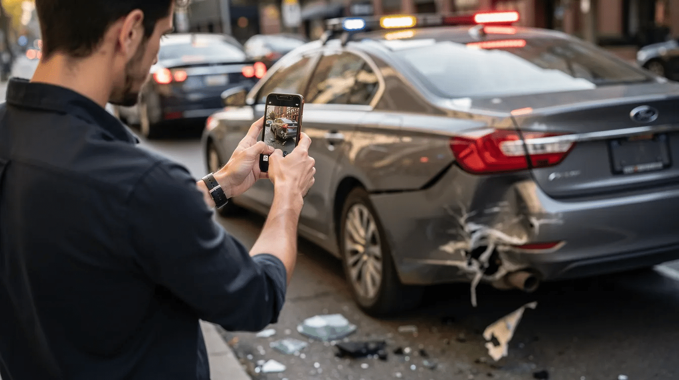The image shows a person using a smartphone to document vehicle damage at a crash scene, highlighting the importance of collecting evidence for a car accident case. This documentation can be crucial for car accident victims seeking fair compensation for their injuries and property damage.