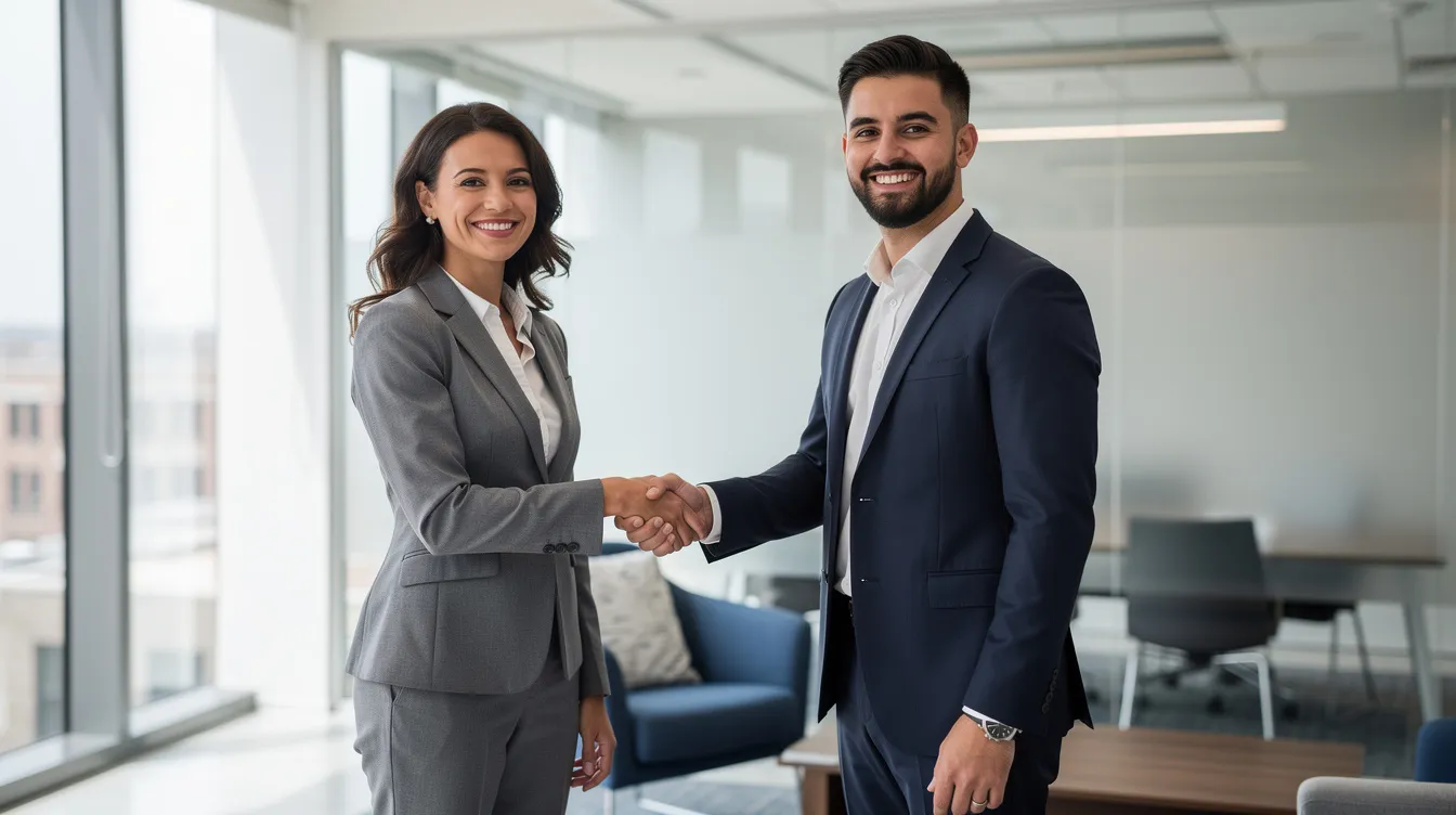 Automotive Accident Attorney: How a Car Accident Lawyer Protects Your Rights and Maximizes Compensation 5 The image depicts a confident professional shaking hands with a client in a modern office setting, symbolizing a successful partnership in navigating legal matters, such as car accident claims and personal injury cases. This interaction reflects the importance of having experienced car accident attorneys to guide clients through the complexities of insurance claims and compensation recovery.