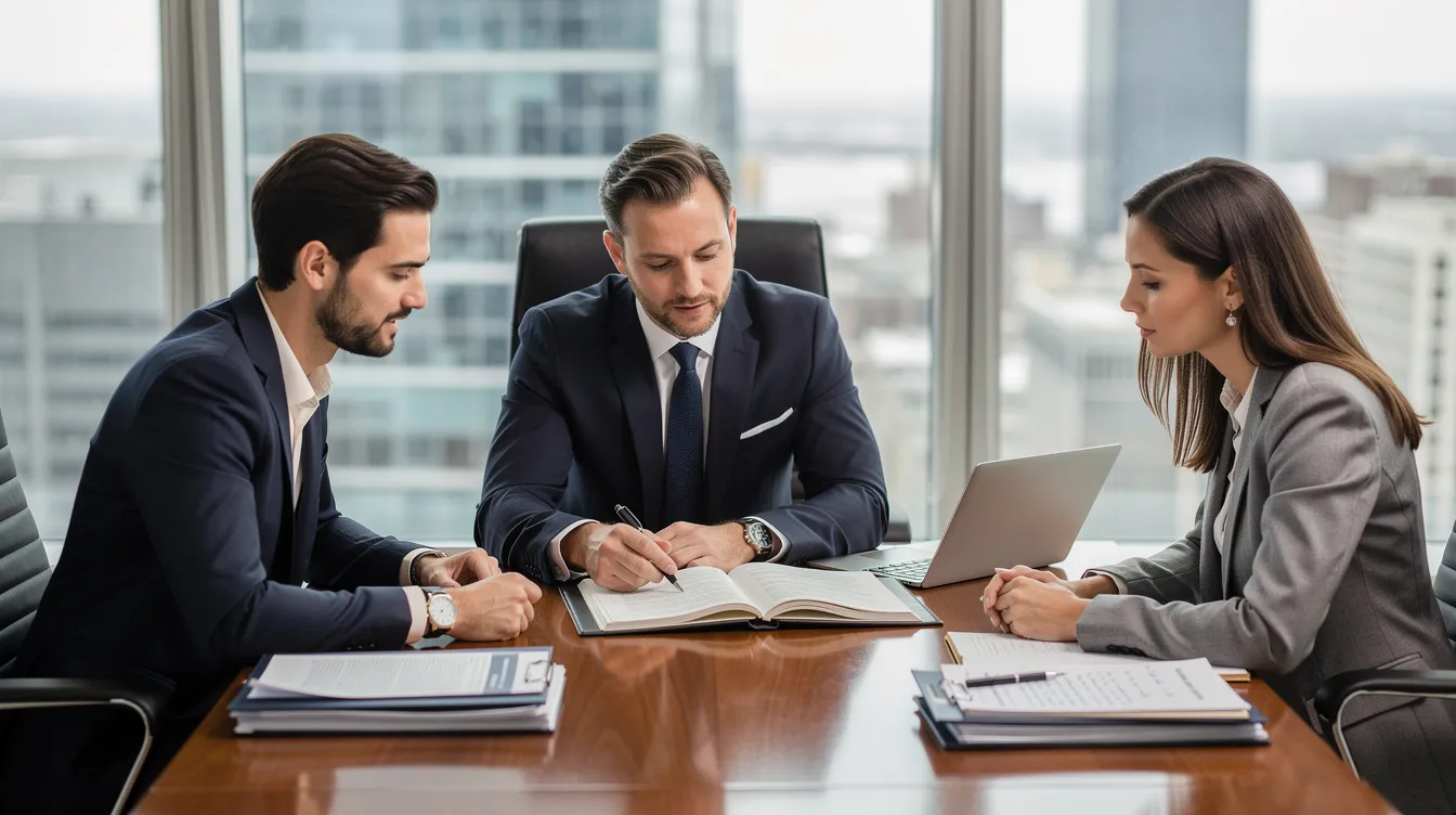 The image depicts a professional meeting at a conference table, where a lawyer is discussing documents with clients, likely regarding a car accident claim. The atmosphere is focused and collaborative, emphasizing the importance of understanding their legal options for fair compensation in the aftermath of a car wreck.
