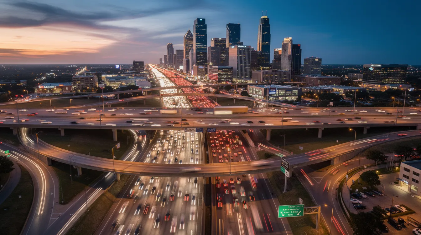 Personal Injury Attorney Dallas Texas: Your Guide to Choosing the Right Lawyer After a Serious Accident 1 An aerial view captures a busy highway interchange in Dallas, Texas, filled with heavy traffic during dusk. The scene highlights the bustling nature of the city, where personal injury attorneys may assist accident victims in navigating the legal process for compensation related to their personal injury claims.