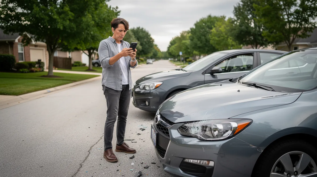 A person stands on a suburban road, using a smartphone to capture images of vehicle damage at a car accident scene. This action may be crucial for building a personal injury claim, as it helps document the incident and establish liability for any injuries sustained or property damage incurred.