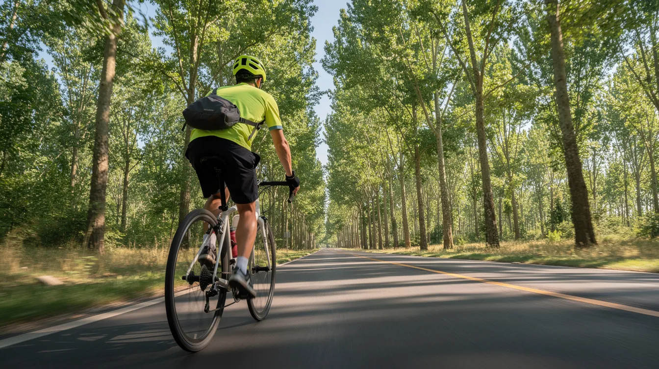 A person wearing a protective helmet rides a bicycle along a road lined with trees, promoting safety and awareness of head injuries such as traumatic brain injury. This image emphasizes the importance of protective gear to prevent severe traumatic brain injury and associated symptoms.