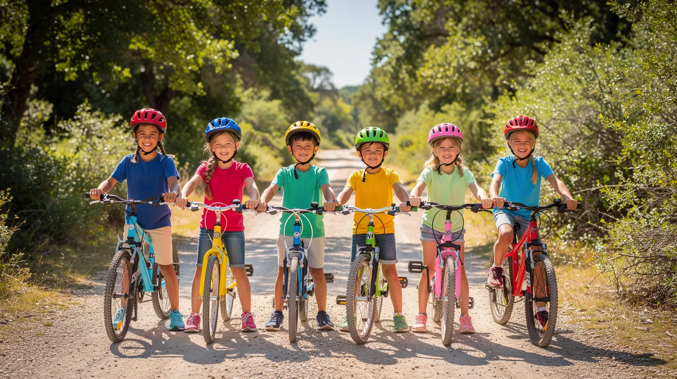 A group of children wearing bright, colorful bicycle helmets stands alongside their bikes on a sunny trail, promoting safety to prevent traumatic brain injuries. Their joyful expressions reflect the importance of protective gear in reducing the risk of concussions and other head injuries while enjoying outdoor activities.
