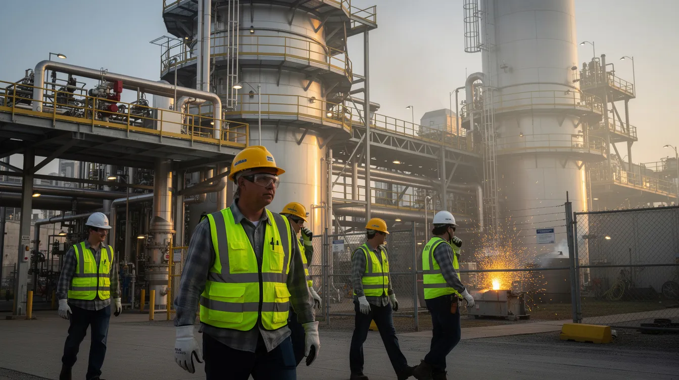Car Accident Lawyers in Houston: Protect Your Injury Claim 2 The image depicts industrial refinery workers wearing hard hats and safety vests, standing near large metal structures, emphasizing the importance of safety in high-risk environments. These workers are crucial in preventing personal injury accidents and ensuring that responsible parties are held accountable in the event of a workplace incident.