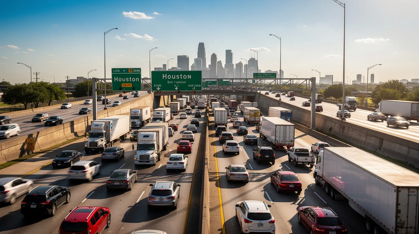 Personal Injury Lawyers: How The Morgan Legal Group, PLLC Fights for Your Recovery 1 The image depicts a busy Houston highway filled with various cars and commercial trucks under bright daylight, showcasing the hustle and bustle of daily traffic. This scene is a reminder of the potential for personal injury cases that can arise from accidents on such busy roads, emphasizing the importance of having an experienced personal injury attorney for legal representation.