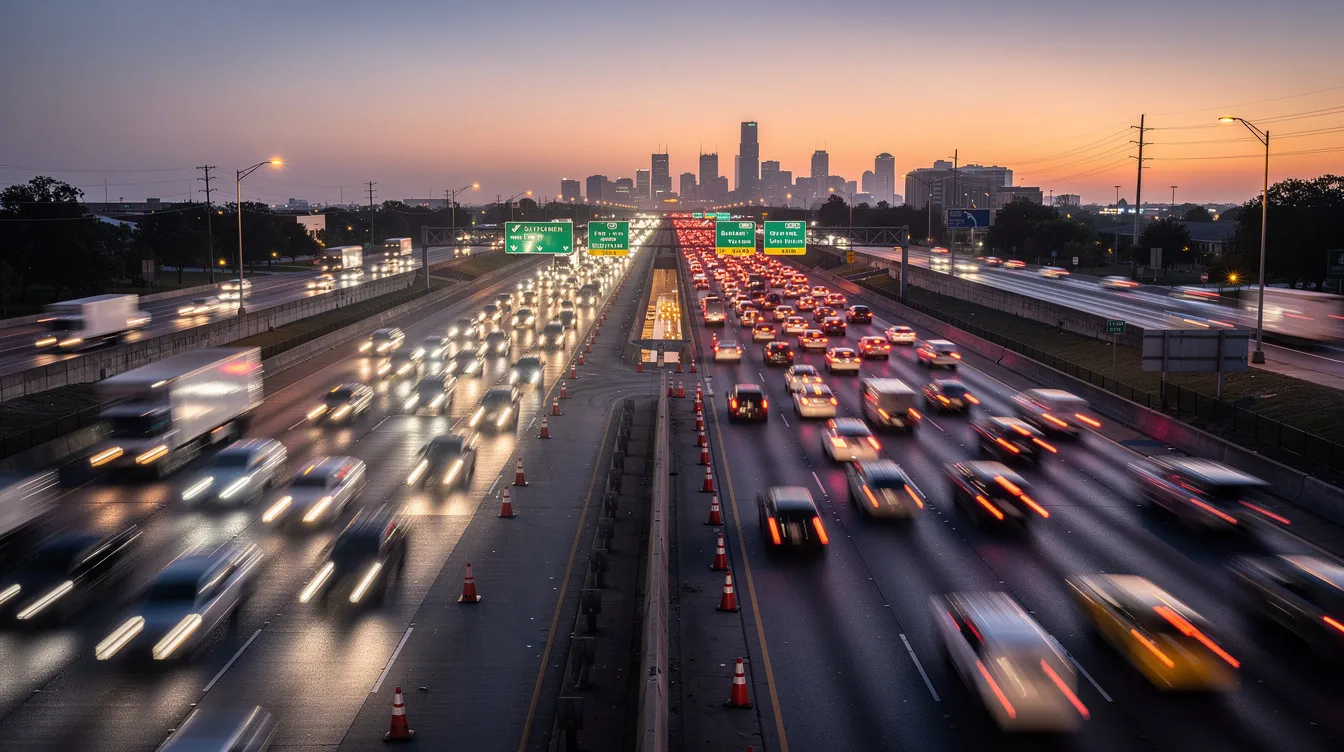 The image shows a busy Houston freeway at dusk, filled with heavy traffic and marked by construction barriers, creating a bustling urban scene. In the background, the silhouettes of buildings and the fading light of day suggest a typical evening in Houston.