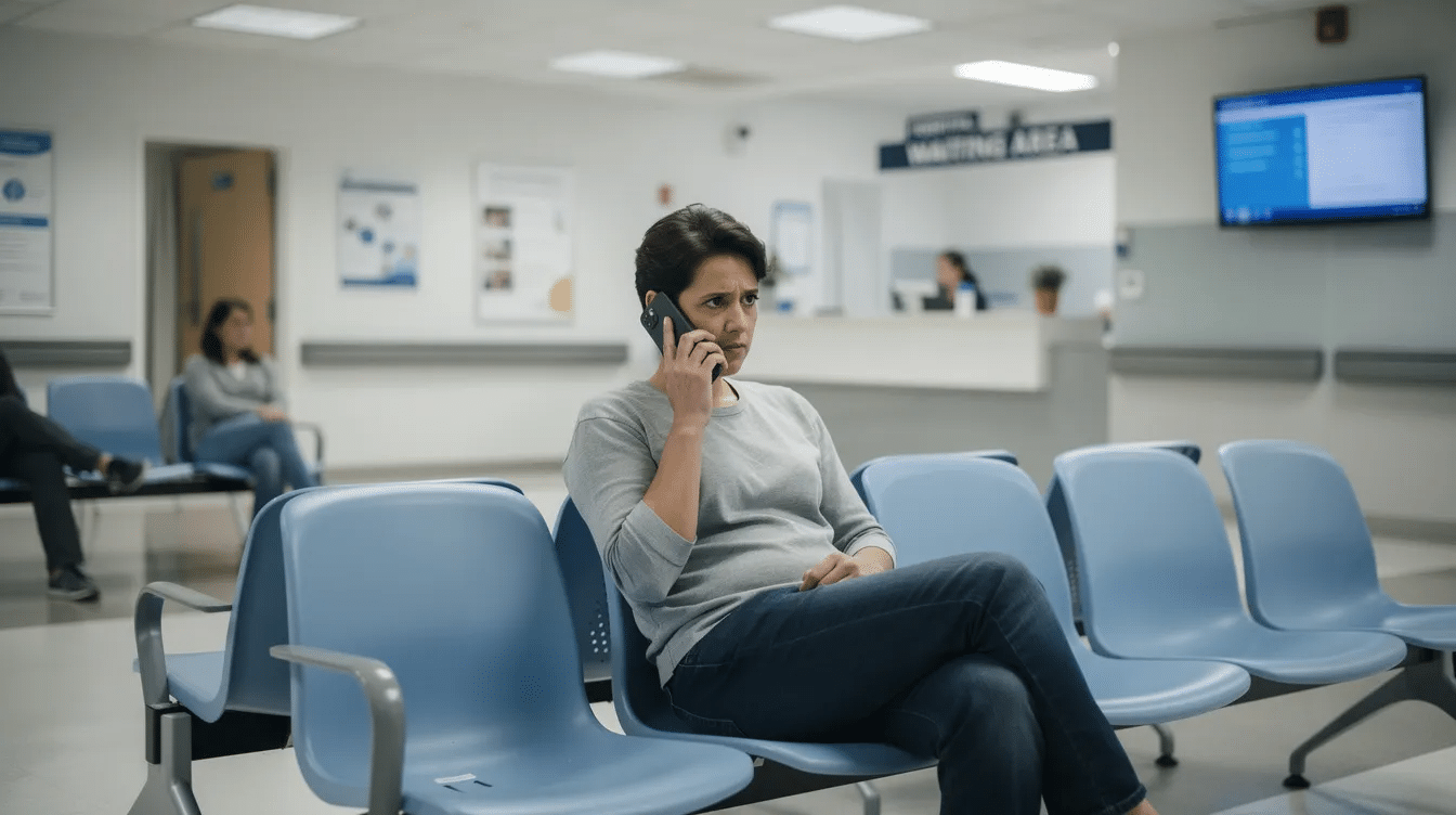 Top Reasons To Get A Houston Burn Injury Lawyer 4 A person is sitting in a hospital waiting area, making a phone call while appearing concerned, possibly related to a burn injury incident. The setting reflects the seriousness of burn injury cases, highlighting the emotional and financial stress faced by burn injury victims.