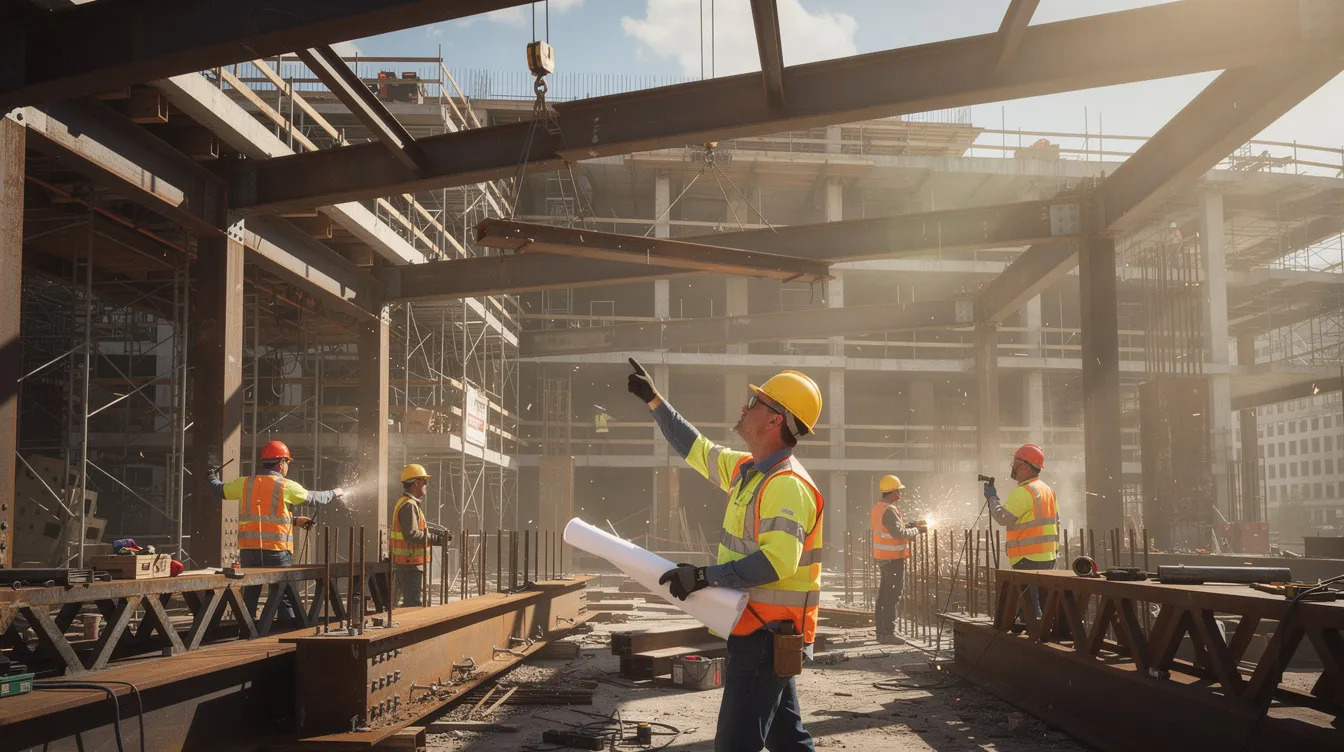 Injury Lawyers in Dallas: How to Choose the Right Dallas Personal Injury Attorney 3 The image shows construction workers wearing hard hats on a building site, surrounded by steel beams and construction materials. These workers are engaged in their tasks, highlighting the importance of safety in workplace environments, which can be crucial for personal injury claims in cases of workplace accidents.