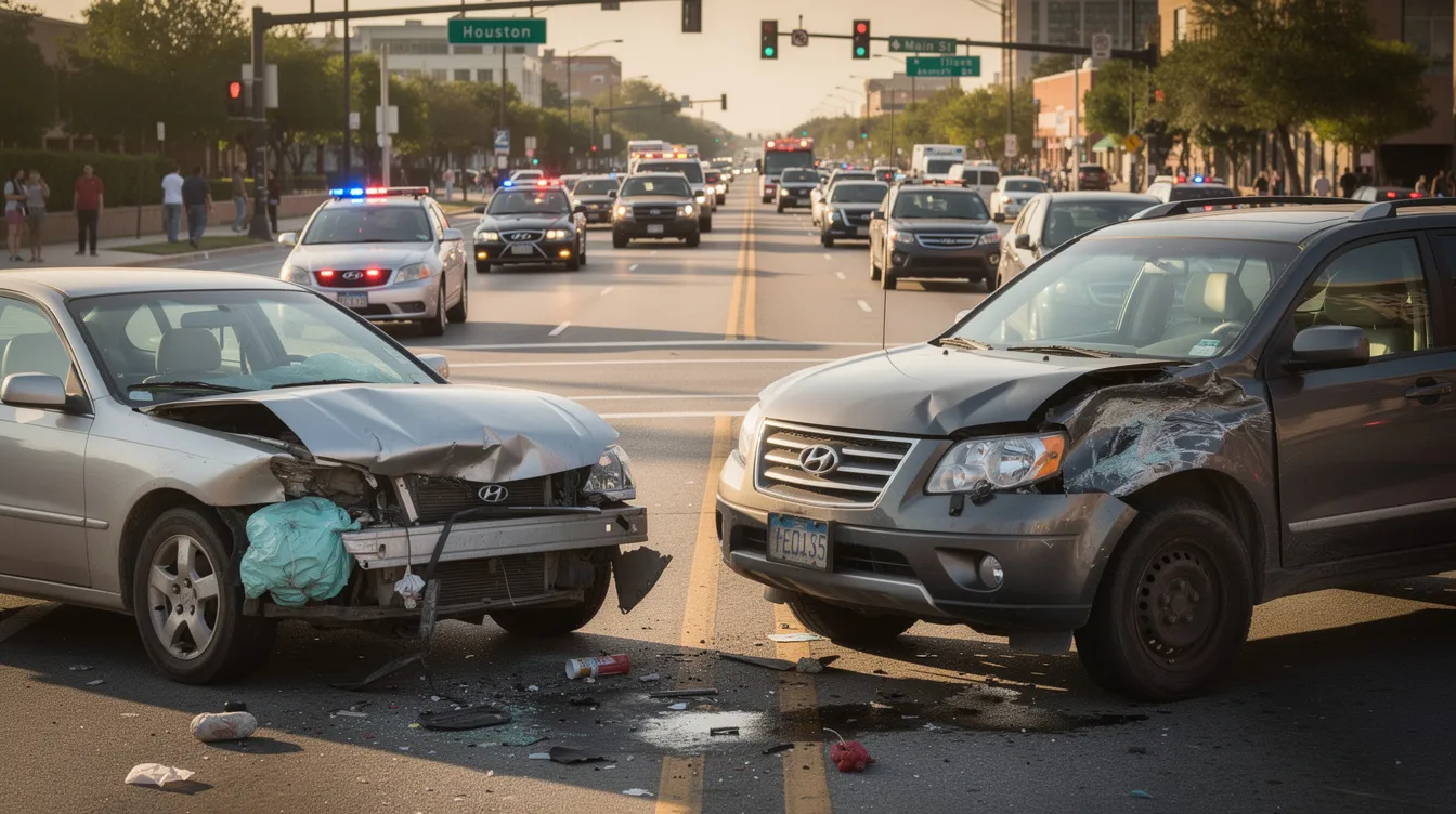 The image shows a damaged sedan and SUV at a busy Texas intersection, with emergency vehicle lights flashing in the background. This scene depicts the aftermath of a car accident, highlighting the need for car accident lawyers to assist victims with insurance claims and compensation for injuries.