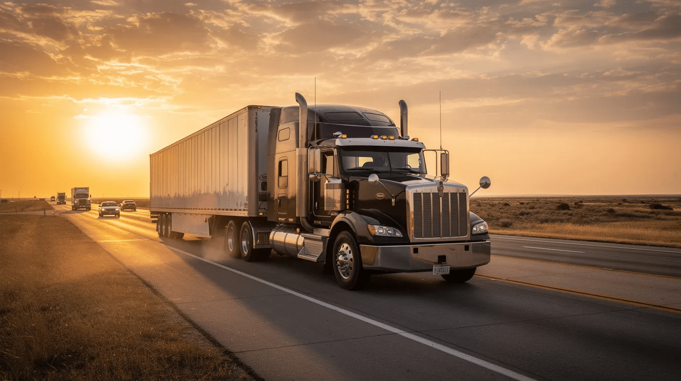 A large semi-truck drives along a wide Texas highway at sunset, with a vibrant orange and purple sky in the background and other vehicles visible in the distance. The scene captures the essence of traffic on a busy road, flanked by a guardrail.