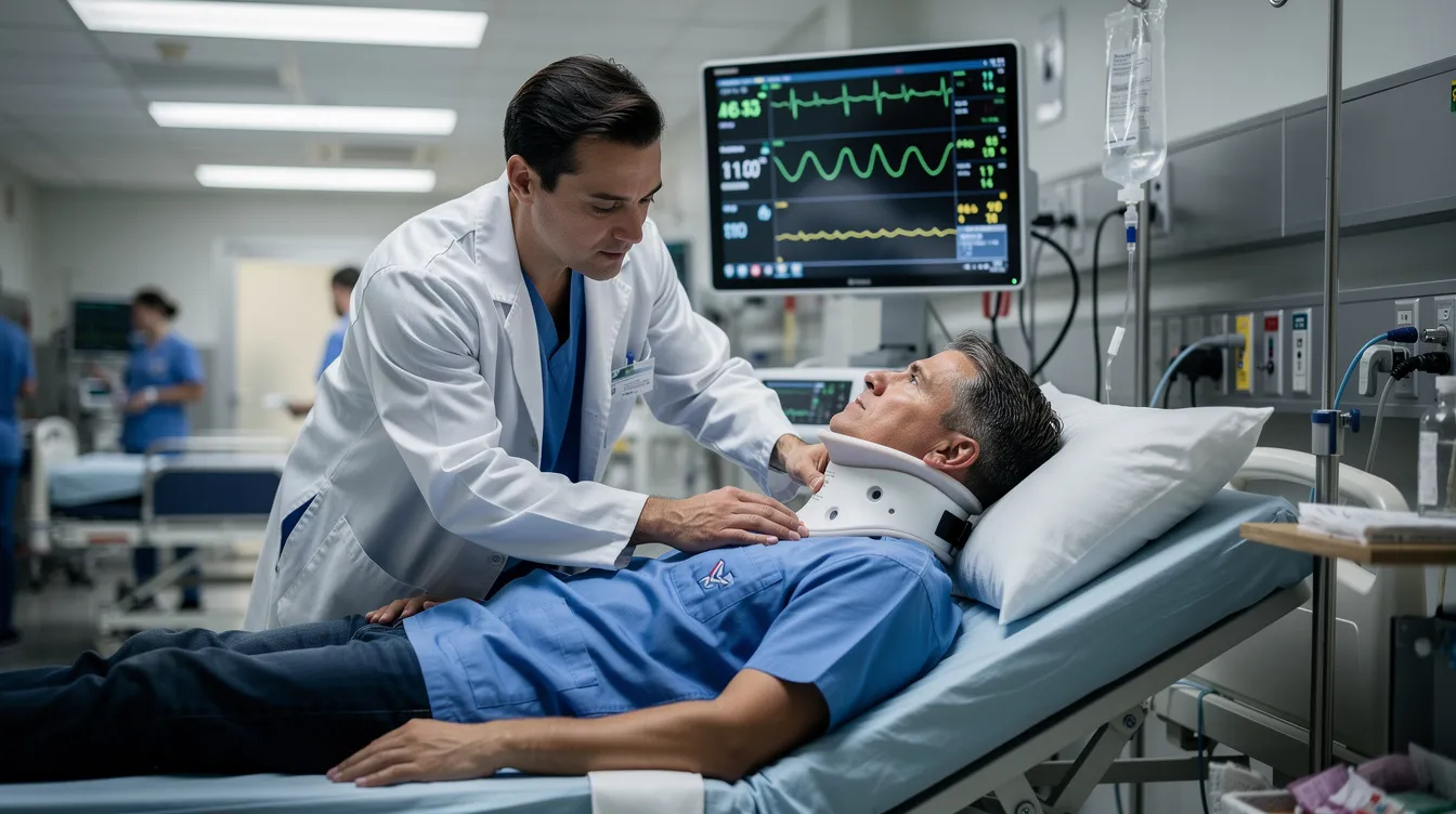 A medical professional is examining a patient in a hospital emergency room, who is wearing a cervical collar, likely due to injuries sustained in a car accident. This scene highlights the importance of medical treatment for car accident victims and the potential need for personal injury claims related to their medical expenses and recovery.