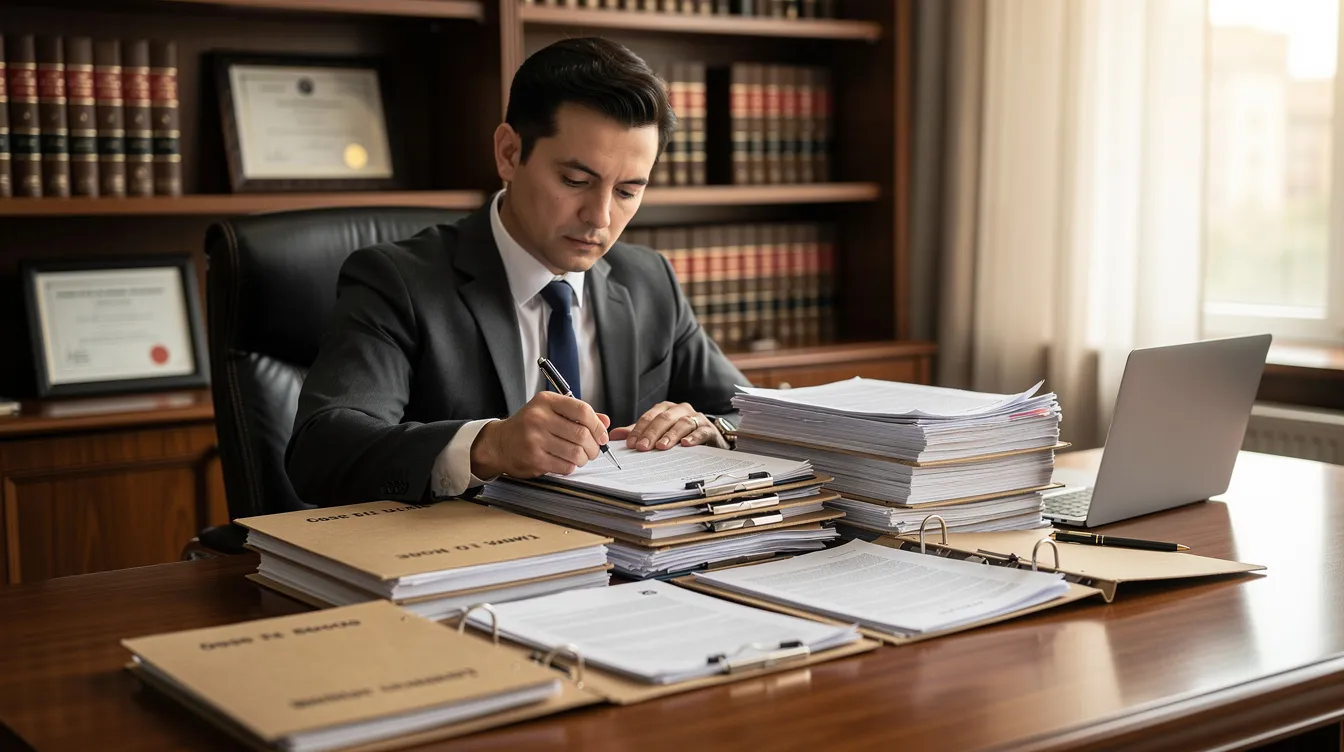 Lawyers for Automobile Accidents: How the Right Attorney Can Transform Your Car Accident Claim 3 The image shows a lawyer sitting at a desk, meticulously reviewing a stack of documents and medical files related to a car accident case. The lawyer appears focused, highlighting the importance of thorough preparation in personal injury claims, particularly those involving serious injuries and medical expenses.
