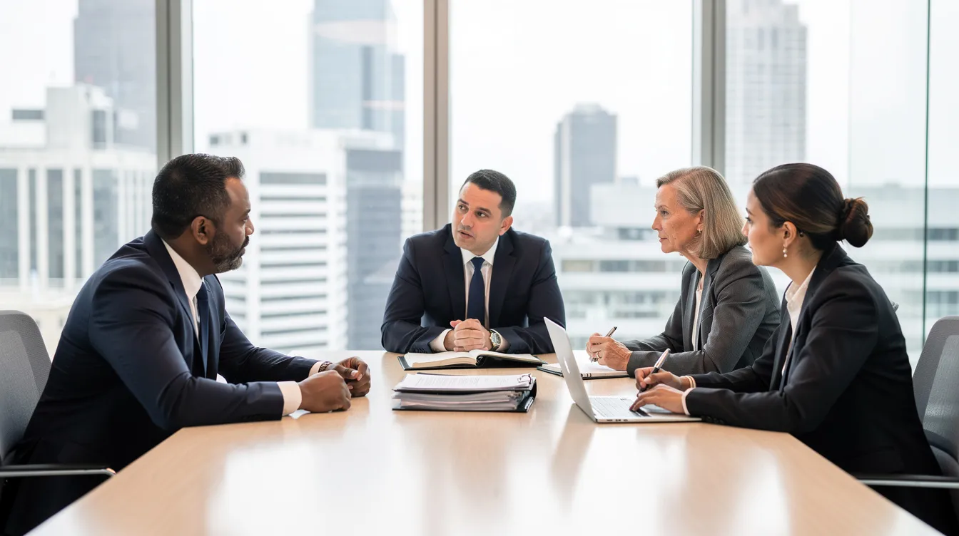 A group of professional attorneys is engaged in a discussion with a client in a modern office setting, focusing on legal strategies for truck accident cases. The atmosphere is collaborative, highlighting the attorneys' expertise in handling claims related to commercial truck accidents and supporting truck accident victims.