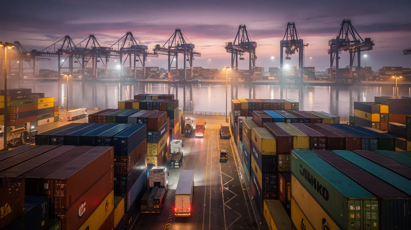 The image depicts a commercial shipping port at dusk, showcasing towering cranes and neatly stacked shipping containers, with the fading light casting a warm glow over the bustling maritime industry. This scene highlights the vital role of maritime workers and the legal complexities they navigate under maritime law and the harbor workers compensation act.