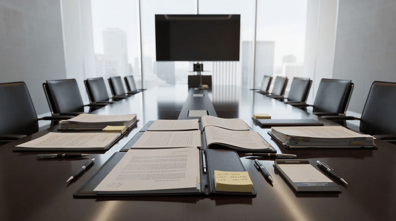 The image depicts a professional meeting room with a large conference table covered in various legal documents, suggesting preparation for discussions related to car accident claims and personal injury law. The setting indicates a focus on providing experienced legal representation for car accident victims dealing with insurance companies and medical expenses.