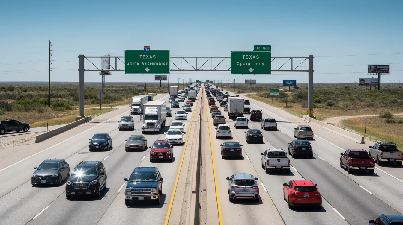 The image depicts a bustling multi-lane highway in Texas, filled with various cars and trucks under a clear blue sky during the daytime. This scene highlights the busy nature of motor vehicle traffic, which can relate to personal injury cases involving car accidents and truck accidents, emphasizing the importance of experienced personal injury attorneys for those affected by such incidents.