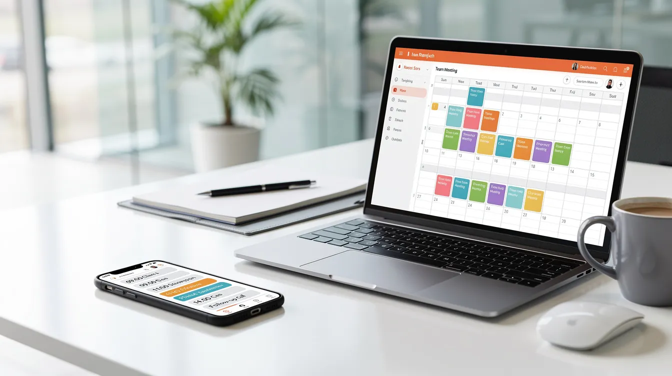 The image depicts a professional office setting featuring a desk with a laptop displaying a calendar filled with scheduled appointments, alongside a phone, suggesting a busy environment typical of a personal injury law firm where experienced personal injury attorneys manage their clients' cases and coordinate legal representation.