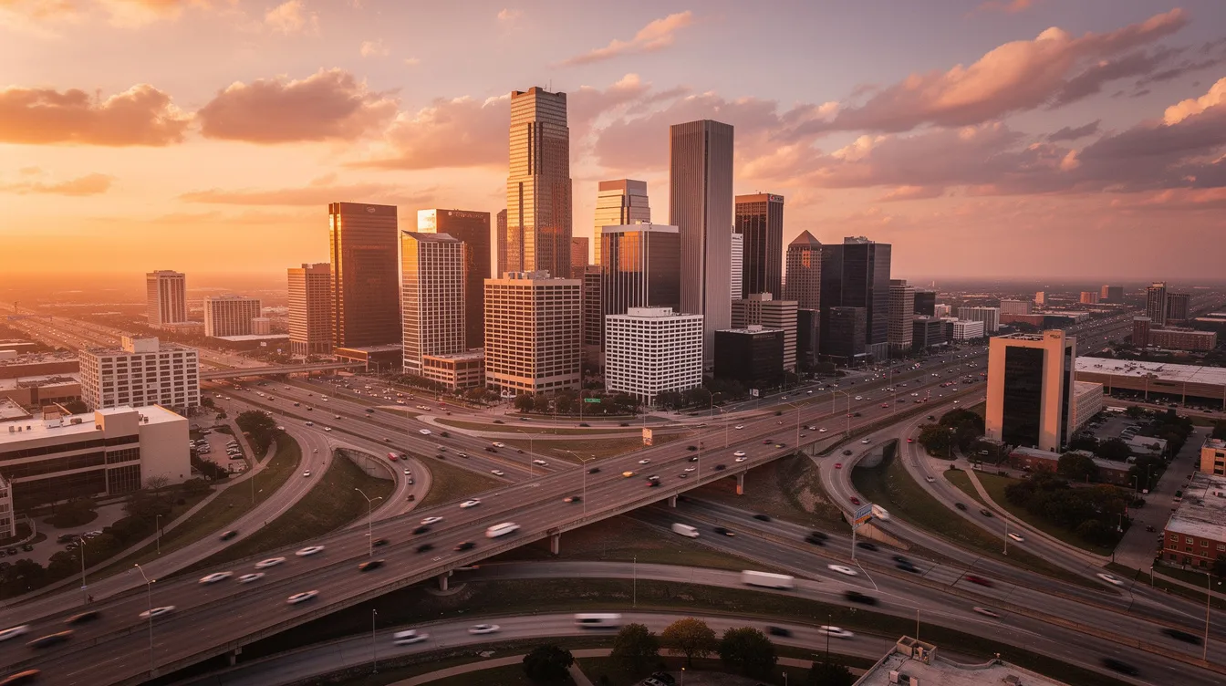 Lawyers in Houston, TX: How to Choose the Right Legal Representation 1 An aerial view of the Houston, Texas skyline showcases tall office buildings and busy highways illuminated by the warm hues of sunset. This vibrant city scene reflects the bustling life of the Houston metropolitan area, where dedicated attorneys and legal teams work hard to represent clients in various legal matters, including family law and civil litigation.