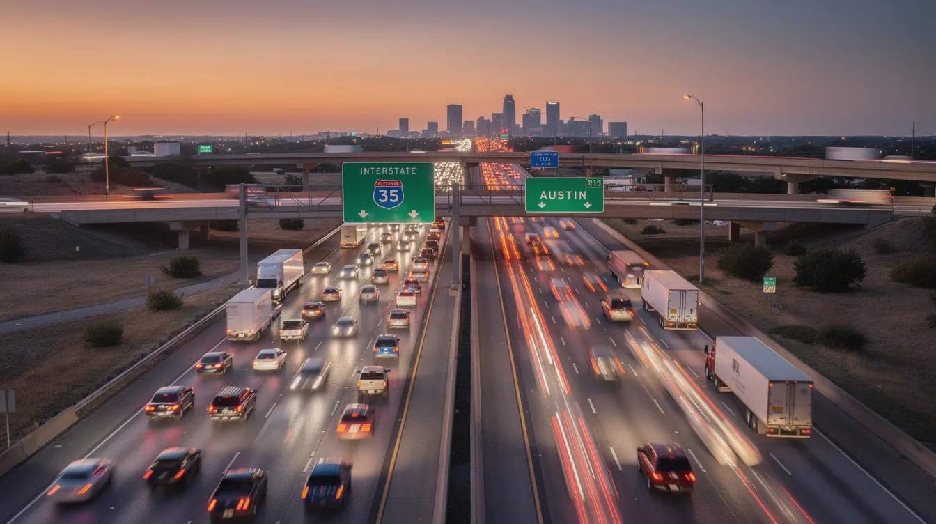 The image depicts a busy Texas interstate highway at dusk, showcasing multiple lanes filled with vehicles, including cars and a tractor trailer, all navigating the roadway. The scene captures the essence of Texas transportation, highlighting the heavy traffic flow typical of the state's highways during this time of day.