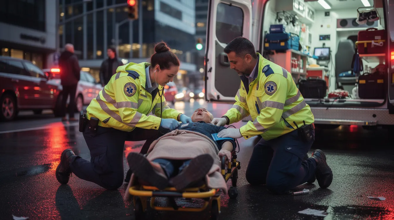 Personal Injury Attorney Dallas Texas: Your Guide to Choosing the Right Lawyer After a Serious Accident 4 Emergency medical responders are attending to an accident victim on a busy city street, with an ambulance parked nearby. The scene highlights the urgent care provided to personal injury victims, emphasizing the importance of legal representation from experienced personal injury attorneys in Dallas, Texas, for those affected by serious accidents.
