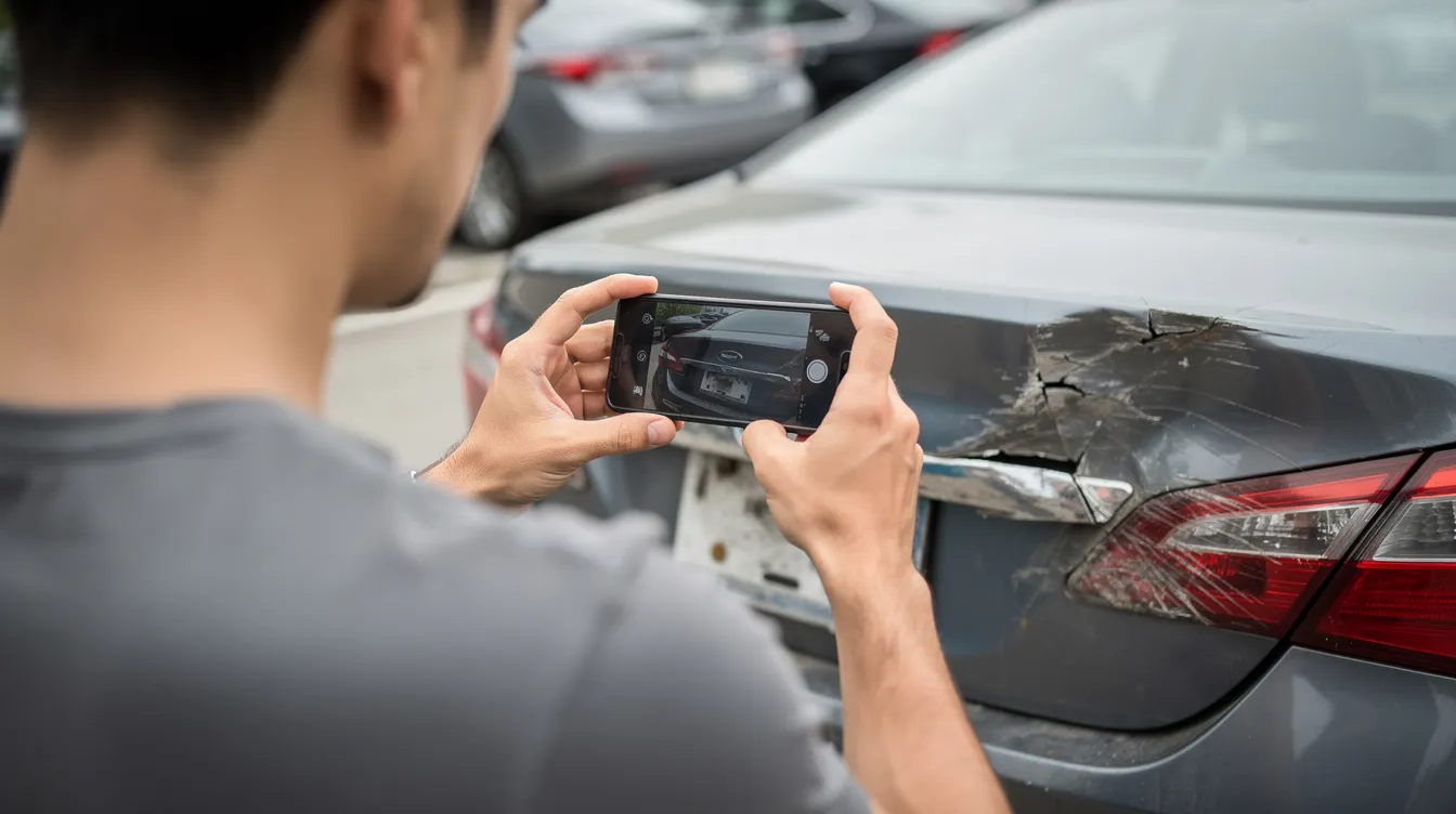 A person is using a smartphone to capture images of damage on a car bumper in a parking lot, likely for documentation related to a personal injury claim following a car accident. This scene emphasizes the importance of gathering evidence to support legal representation in personal injury cases.